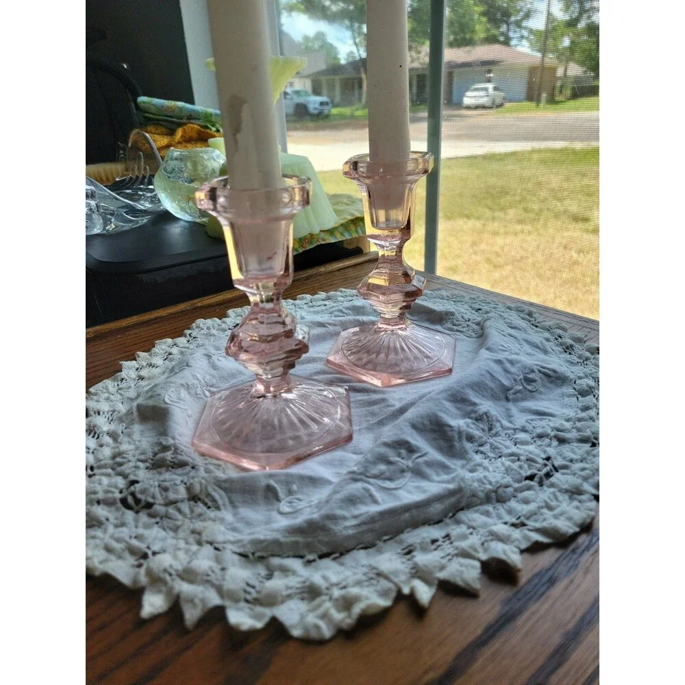 Vtg Depression Glass Pair of Dark Rose Pink Candlestick Holders  5